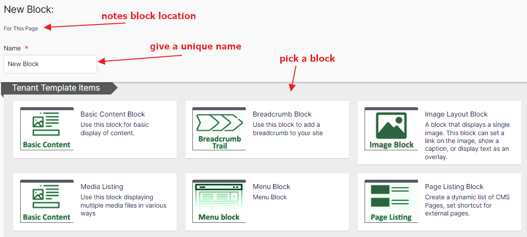 screenshot of create screen noting page name and selectable content types