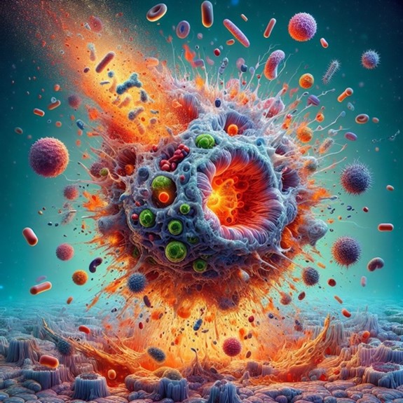 A macrophage undergoing pyroptosis