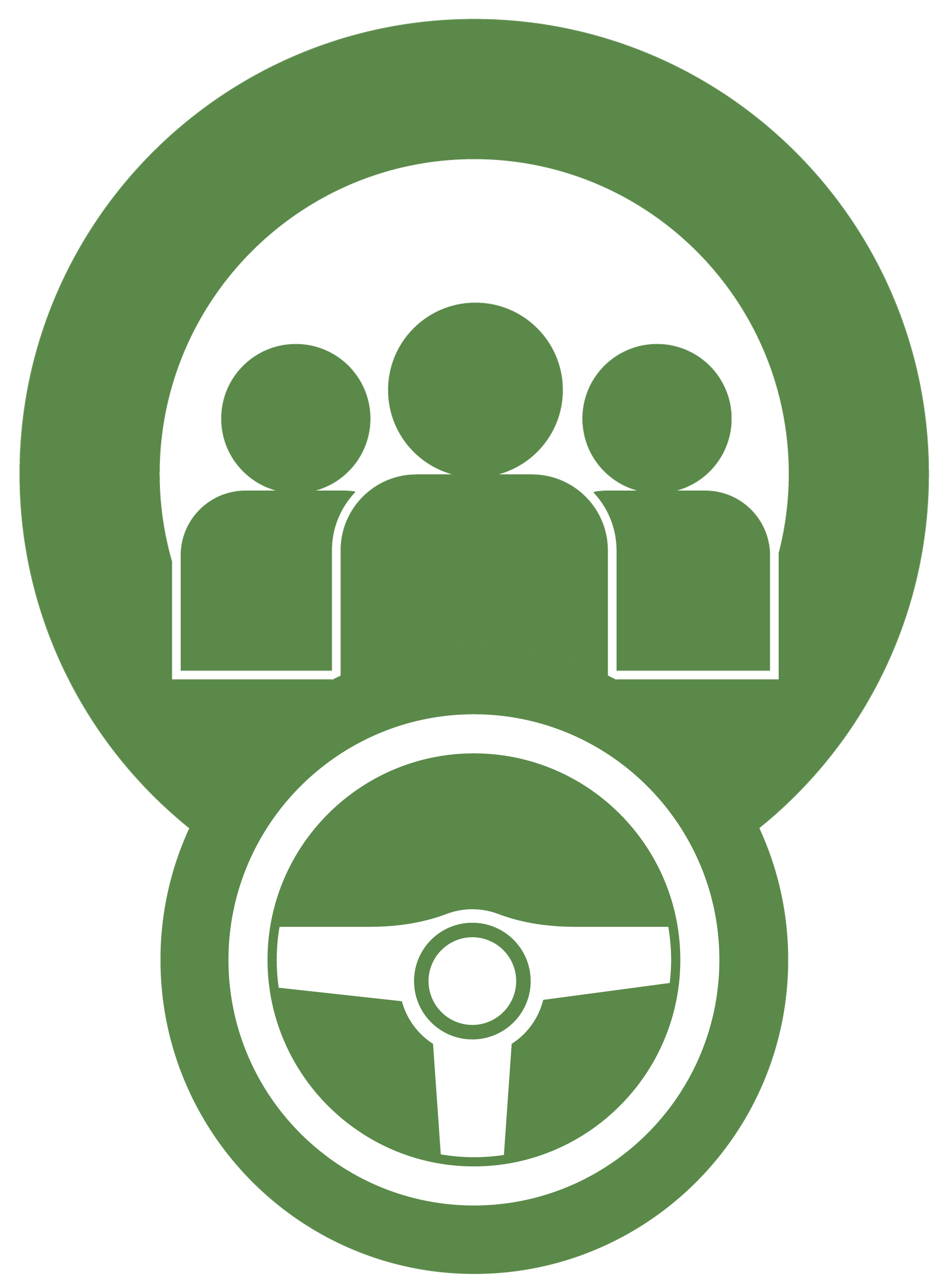 The image shows an icon with three people inside a car, driving together, aka carpooling.