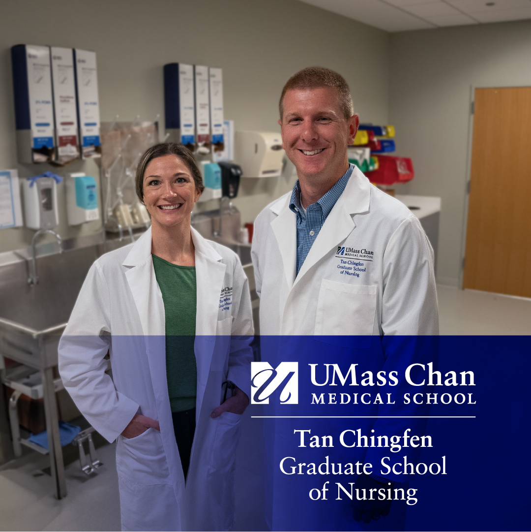 Alex Menard, DNP, AGACNP-BC, coordinator of the Adult-Gerontology Acute Care Nurse Practitioner Track, with Kaitlin Cormier, DNP&rsquo;23, in the simulation center