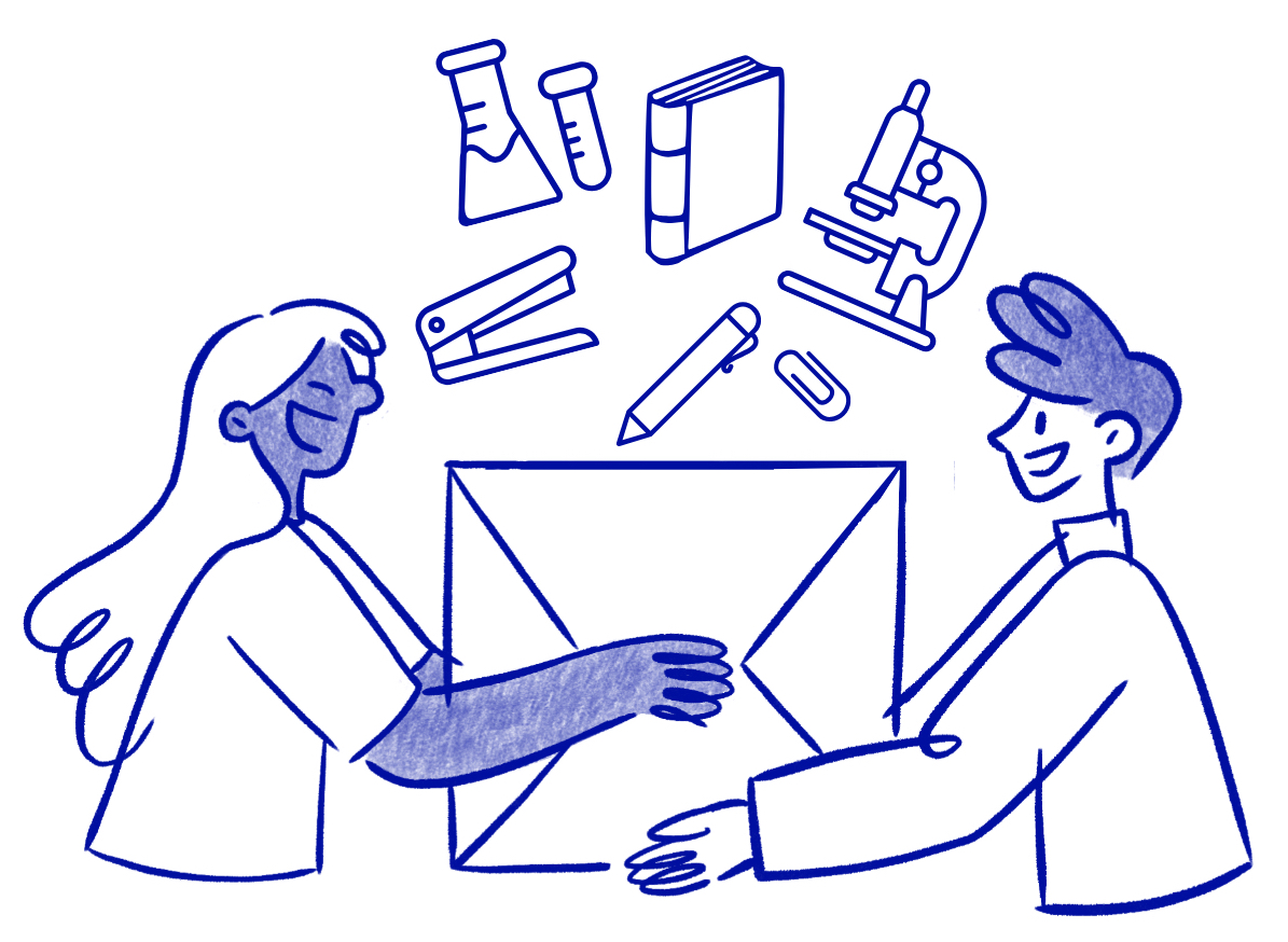 The image shows two people exchanging an item and smiling, indicating they're sharing surplus items.