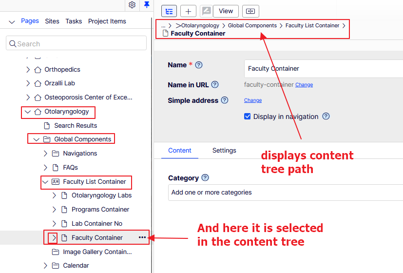 noting the breadcrumb path of the content being edited as well as the selection in the content tree