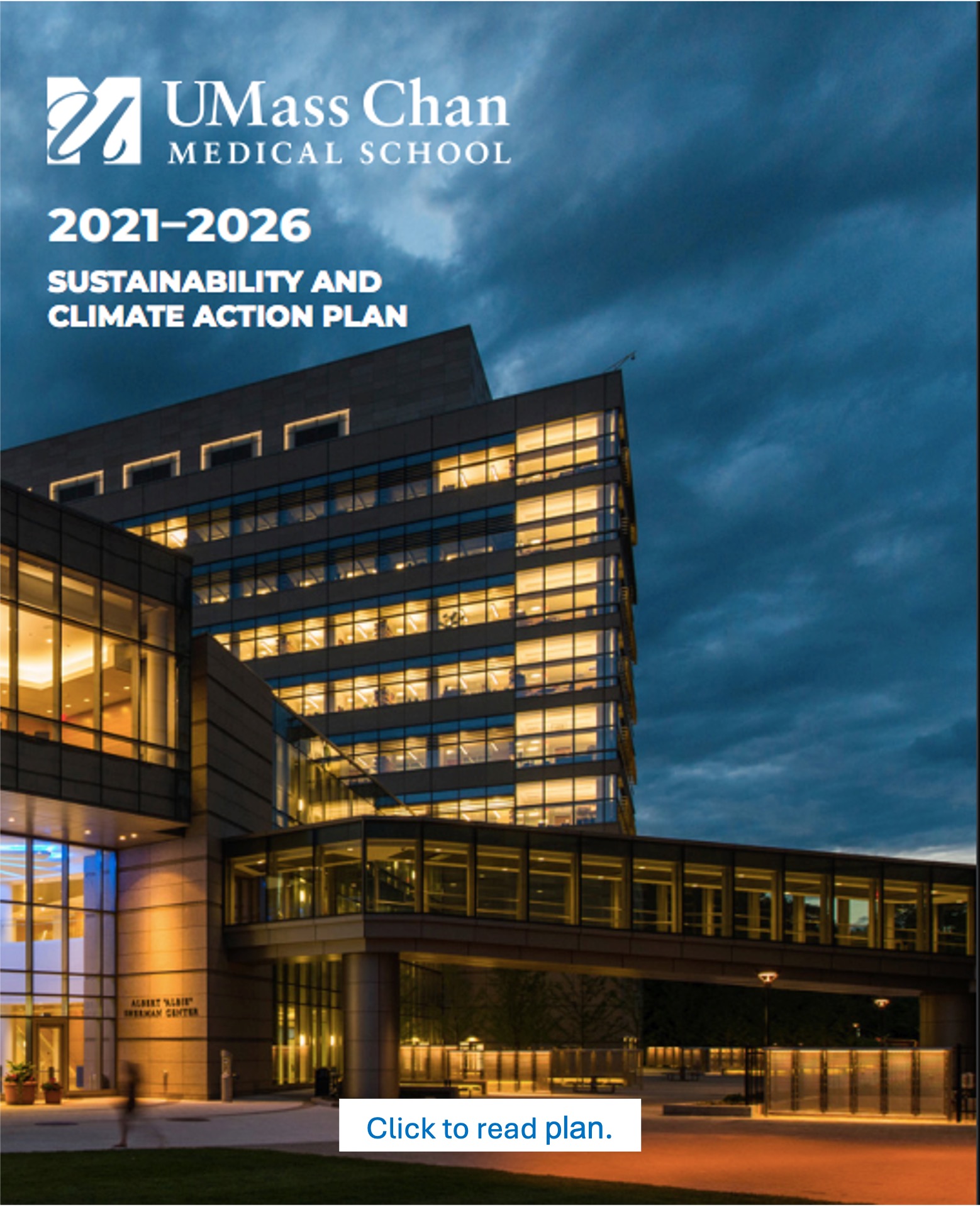 Cover of the Sustainability and Climate Action Plan, showing the Albert Sherman Center