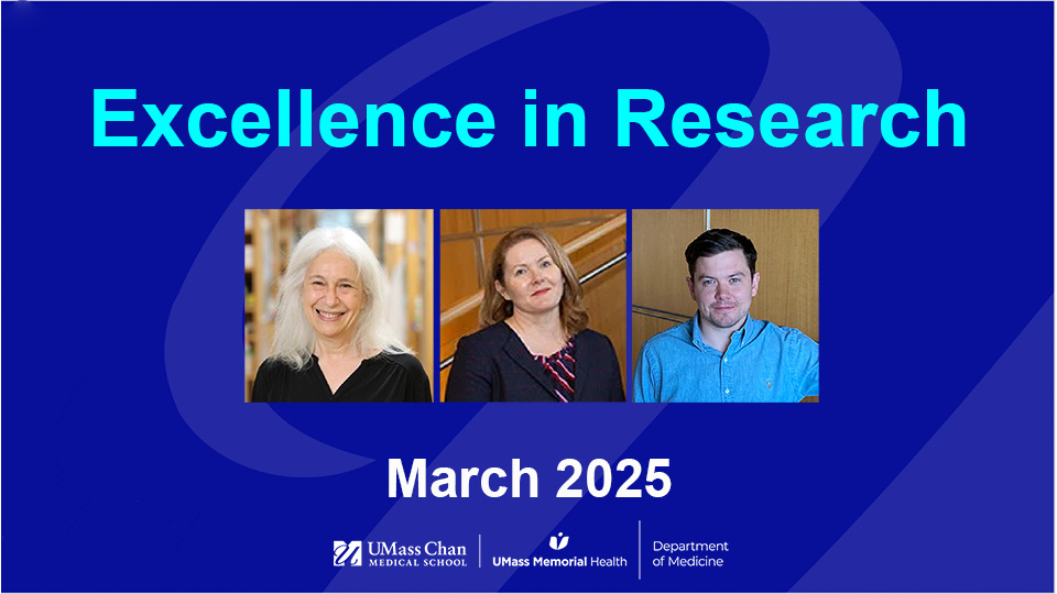  Excellence in Research, March 2025, images of Drs. Ann Rothstein, Kate Fitzgerald, and Fiachra Humphries