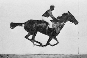 an animation of a set of stop-motion photographs showing a man riding a horse.