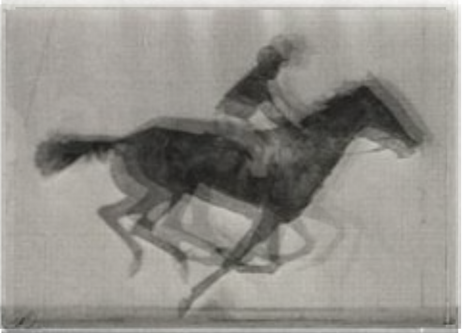 a series of images of a man riding a running horse superimposed over each other, resulting in a blurry appearance. 