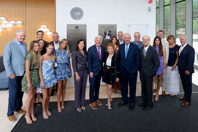 Paul J. DiMare Center tribute with Daryl A Bosco, UMass President Marty Meehan, Chancellor Collins, and Provost Flotte, and members of the DiMare family