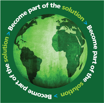 Image shows a picture of a green earth surrounded by the text: Become part of the solution