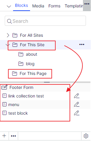 blocks pane, select a folder to see the blocks within it
