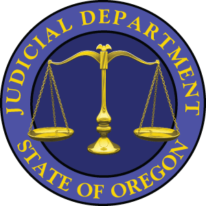 Oregon Judicial Department state seal: justice scales with text forming a circle around it