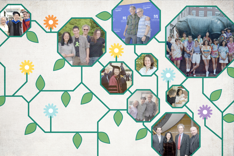 A collage of old photos strung together by leaves and yellow and orange flowers