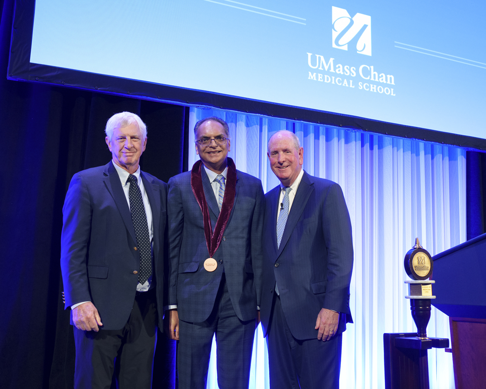 Jack Wilson (left) and Chancellor Collins (left), with Anil Chandraker, the newly endowed Jack M. Wilson Chair in Biomedical Research.