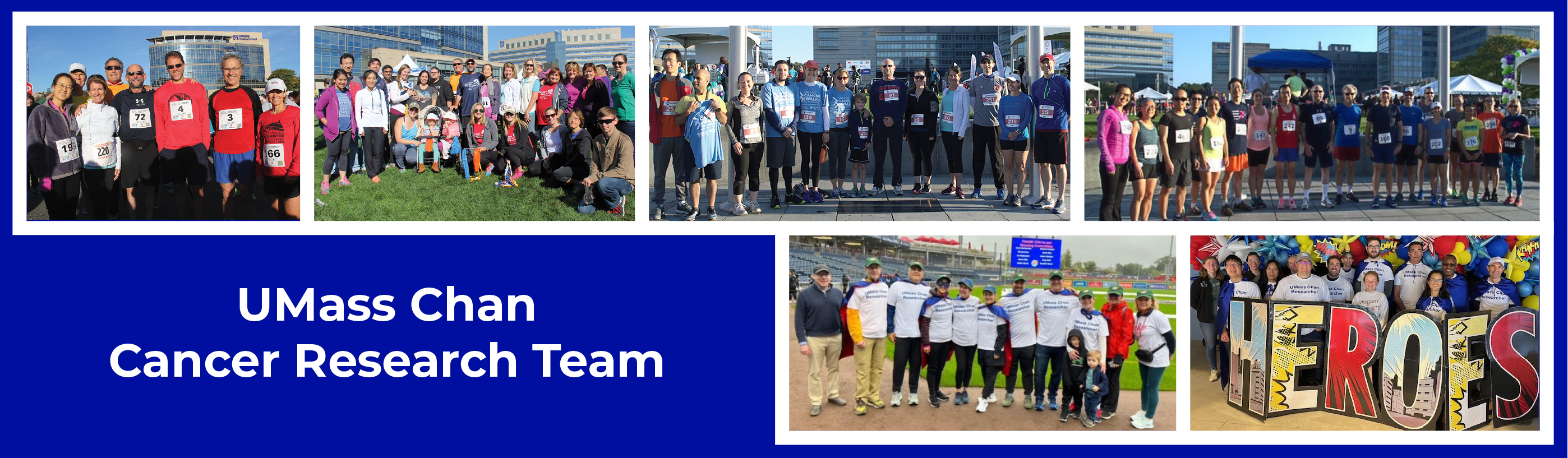Photos of the UMass Cancer Research Team over several years. Text to the left reads "UMass Chan Cancer Research Team."
