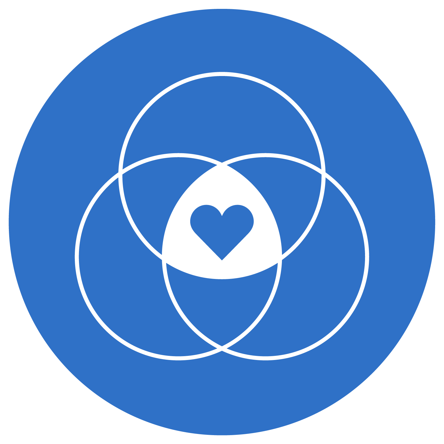 solid blue circle with white circle outlines and white heart in the center