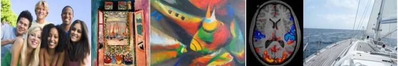 Multiple Photos in a triptych showing smiling people, a brain, artwork and a boat