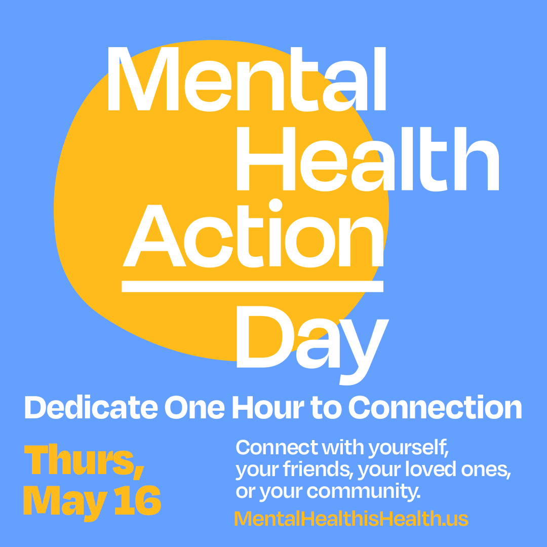 blue box with yellow circle says mental health action day