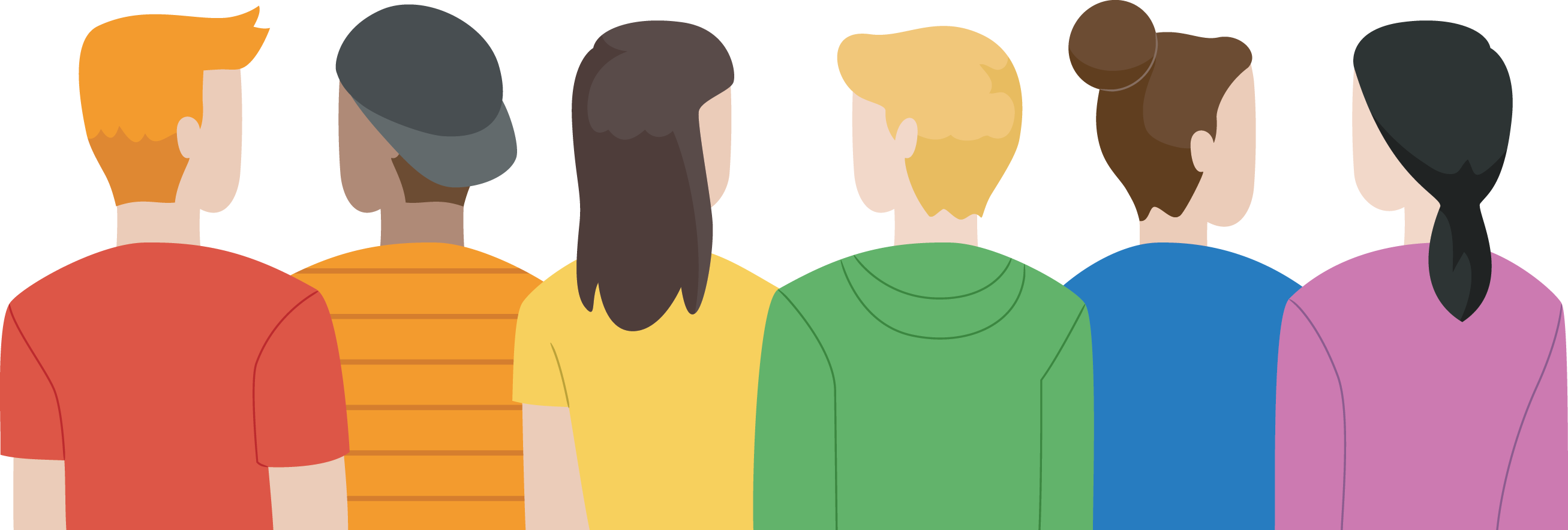 cartoon of 6 youth with their backs towards audience each in a different color of the rainbow