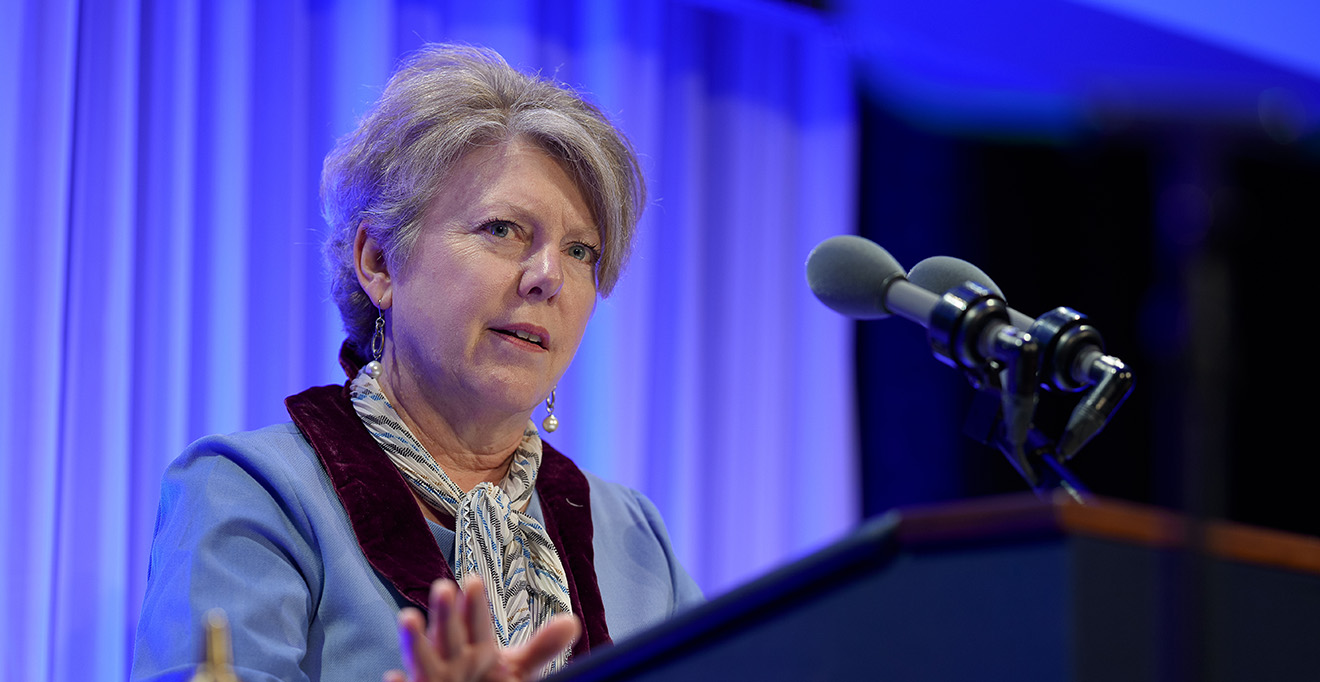 Anne C. Larkin, MD, delivers a speech following her appointment as the Celia and Isaac Haidak Professor in Medical Education